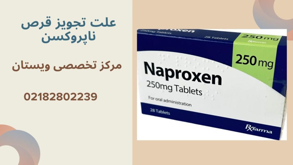 علت تجویز ناپروکسن نوشته با عنوان علت تجویز قرص ناپروکسن در کنار یک بسته ناپروکسن